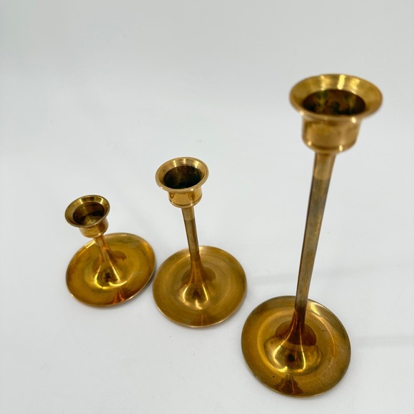 Vintage Solid Brass Graduated Taper Candlestick Holders Set of 3 Mid Century MCM - Picture 3 of 8